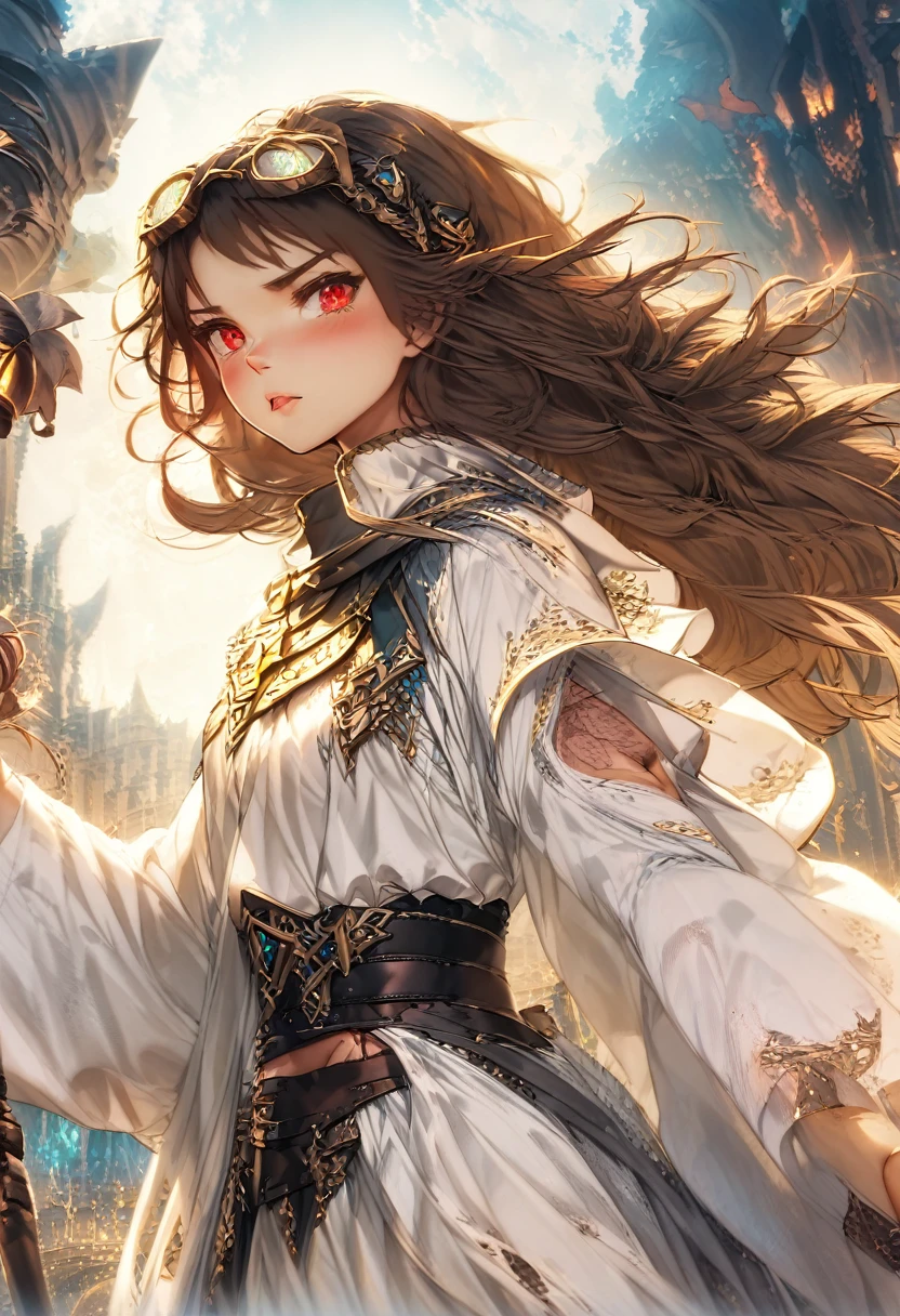 Adult female, average height, fantasy, very short brown hair, red eyes, cleric, black on white cleric robes, blushing, angry, fantasy dungeon, running from monsters, highly detailed, high quality, perfect eyes, perfect face, dirty, cuts