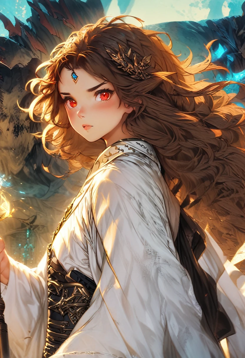 Adult female, average height, fantasy, very short brown hair, red eyes, cleric, black on white cleric robes, blushing, angry, fantasy dungeon, running from monsters, highly detailed, high quality, perfect eyes, perfect face, dirty, cuts