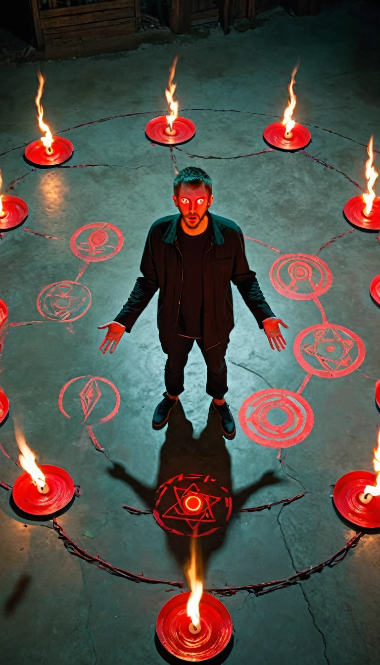 A man (Mike) standing in a circle of candles with strange symbols drawn on the floor in red. He's chanting with his hand outstretched, creating a glowing barrier. Outside the circle, a shadowy figure with a woman's face and glowing green eyes is trying to break through.