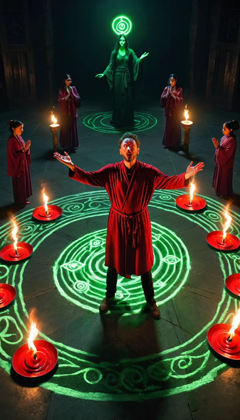 A man (Mike) standing in a circle of candles with strange symbols drawn on the floor in red. He's chanting with his hand outstretched, creating a glowing barrier. Outside the circle, a shadowy figure with a woman's face and glowing green eyes is trying to break through.