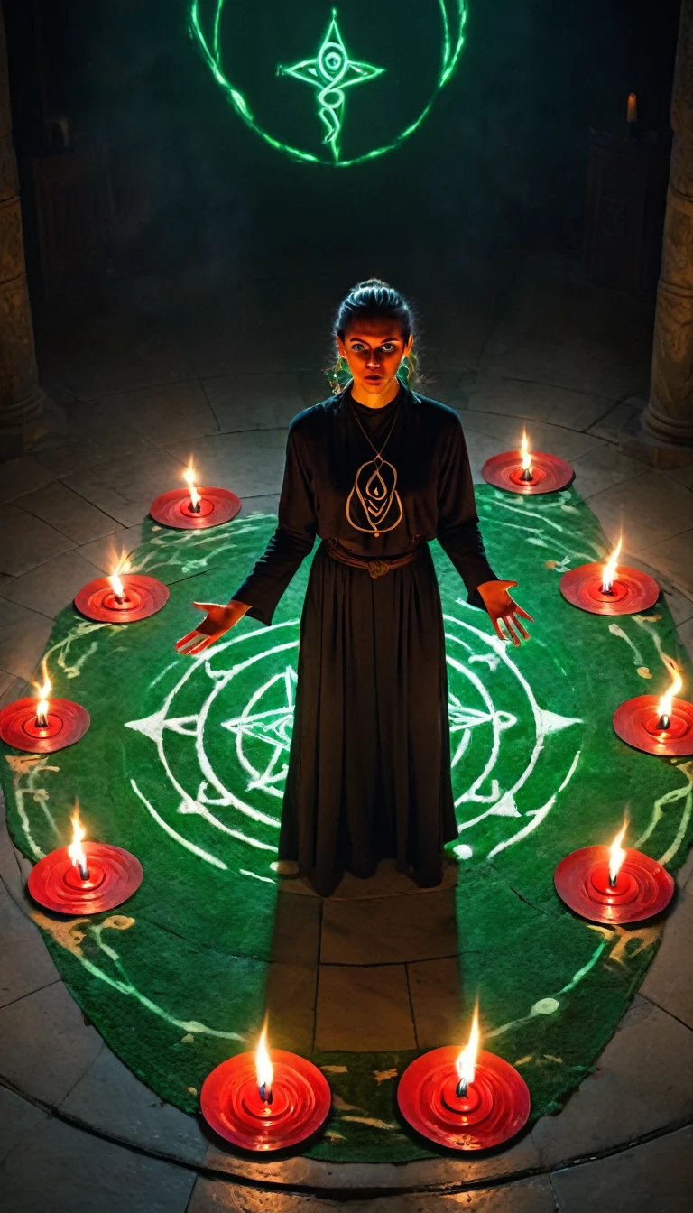 A man (Mike) standing in a circle of candles with strange symbols drawn on the floor in red. He's chanting with his hand outstretched, creating a glowing barrier. Outside the circle, a shadowy figure with a woman's face and glowing green eyes is trying to break through.