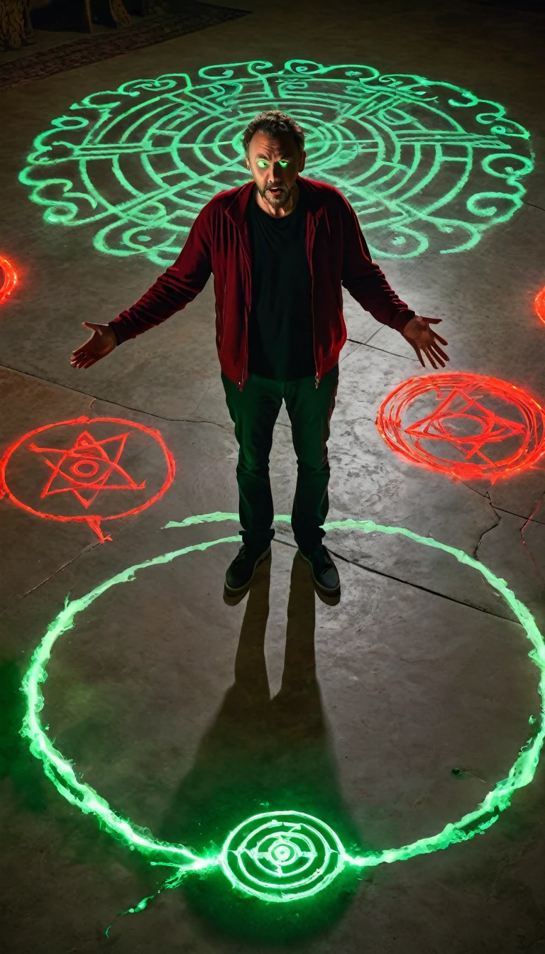 A man (Mike) standing in a circle of candles with strange symbols drawn on the floor in red. He's chanting with his hand outstretched, creating a glowing barrier. Outside the circle, a shadowy figure with a woman's face and glowing green eyes is trying to break through.