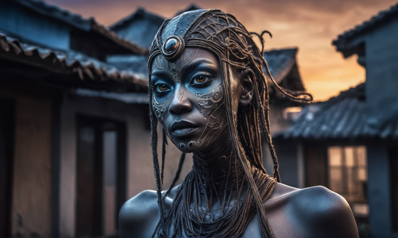 full body length shot,beggar graphite mummy of Alien Entity,native africa spidergirl,modern azctec city,Cinematic,soft colors, Technicolor,natural skin textures,sunset, hyper realism, hyper detailed,Extremely detailed,High contrast,Masterpiece,Realistic,Ultra Detailed, intricate details,realistic humid leather,extremely intricate,Epic Realistic, cinematic style, irina yermolova,high contrast,hdr,extremely detailed, [deep night landscape],masterpiece, intricate details, eyes extremely detailed, high detailed eyes,8k resolution,retina, Nikon Z9,Korea,orc,Guangxi Zhuang of Italia, Pisces, transition between two art styles, Double contact, X-ray, Creative, vivid light, fantasy, Abstract, Surrealism, super detailed, high resolution, trap against fairies between houses in air,insanity wear,Her skin is pale, almost translucentgothic elements,,Mestichino,Light particles,chaos,jellyfish's leather
