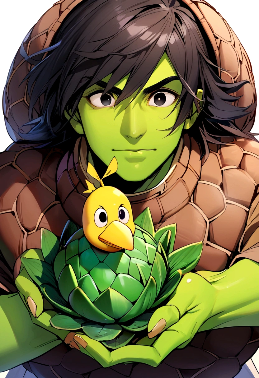 male kappa, black hair, big round black eyes, yellow duck beak, green skin, brown turtle shell, holding lotus leaf