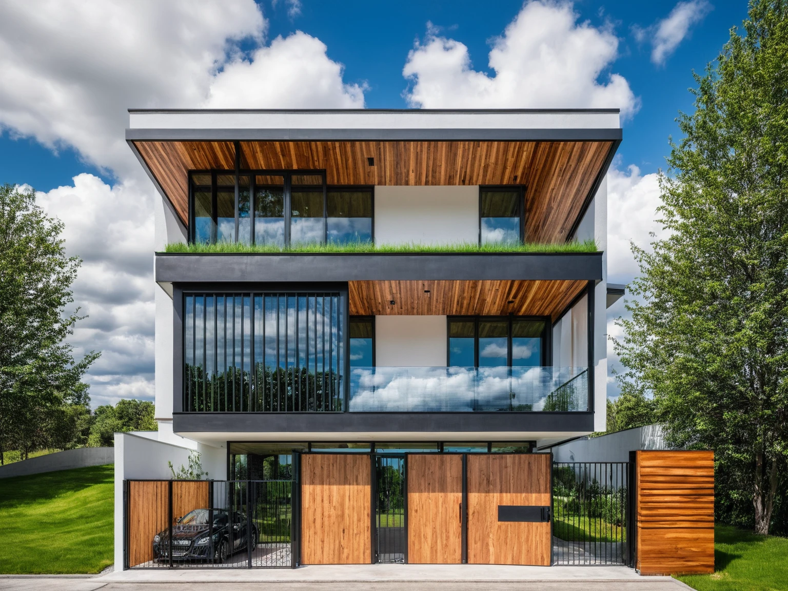Raw photo, Masterpiece, high quality, best quality, authentic, super detail,
outdoors, house style modern, white wall, revolving wooden door, glass windows, canopy, car, black metal fence, glass railing,
road, grass, trees, sky, cloud, daylight:1.1), vivid colors, (realistic:1.2),