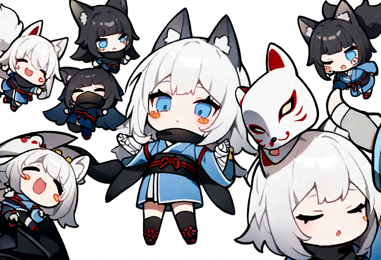 Black Hai Niso。solo、1 person、whole body、Fall down、sleep、sleep、Stickers、White Gauntlet、chibi,No sleeve、Bleaching、(masterpiece, best quality:1.2), 1girl, 独奏,Wolf girl, fox mask, ninja, girl, white hair, odd eyes, blue kimono, ninja girl, red and blue scarf,Chibi Character、White background, fantastic atmosphere.White background、、Black fox mask、Fisheye Lens、hair、Bandage on chest、boy、Black fox mask、Blue Bondage