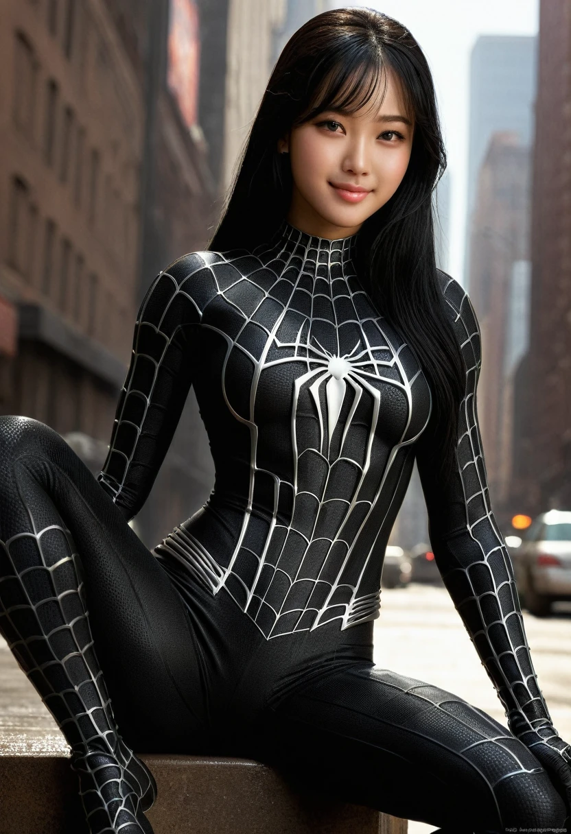 score_9, score_8_up, score_7_up, best quality, realistic, masterpiece, beautiful detail, hyperrealistic, (1girl, woman body, smile, black hair), big breasts:1, amazing detailed full body portrait of a beautiful ulzzang girl, defined muscle girl, wearing a realistic and highly detailed black raimi spider-man suit, ((huge muscular girl)), professional model wears ultra - detailed black raimi spider - man suit, ultra - detailed and grained black raimi spiderman suit, suit covered entire body and hand, black spiderman gloves, wet, (looking at camera), sitting with a sexy pose, (full body), (dirty skin), close up, octane render, highly detailed, volumetric, dramatic lighting, (highest quality:1.1), (HDR:1.3), (top quality, best quality), realistic, high definition,
