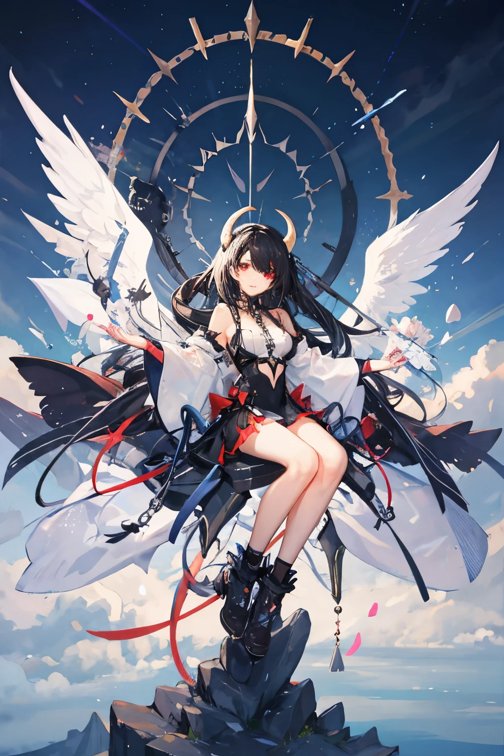 ultra quality, detailed, masterpiece, 16k, high resolution, beautiful, amazing, charming, elegant, stylish BREAK (1 girl, (she is half angel and half devil)) BREAK [((((angel wings ,white wing, jet black wing))):1.4)], (multicolored hair, (white hair, black hair):1.4), (heterochromia, (blue eye, red eye): 1.4), (A dress that mixes white and black) BREAK Surreal landscape blending celestial and infernal elements seamlessly., Vivid sky with swirling clouds, merging soft pastels with dark hues., Towering mountains or cliffs adorned with celestial and infernal imagery., Tranquil body of water reflecting the celestial and infernal skies., Flora and fauna from both realms coexisting harmoniously., Integrate light and shadow to symbolize the potential for balance and unity., Overall, evoke a sense of otherworldly beauty and serenity. BREAK (glowing light), (light particles), (light sparkles), (light diffusion), photorealism, highly detailed