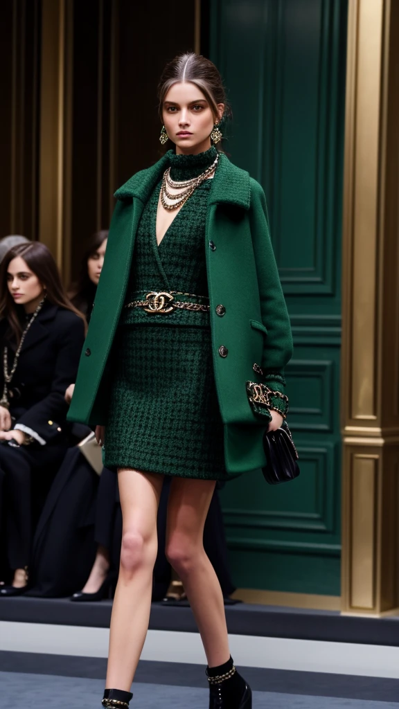 Caucasian female, long hair up to the brunette waist, Wearing the winter collection inspired by Chanel and Prada, Milan Fashion Week, mfw, nyfw, green clothes,vogue style, whole body, glad, creative archetype, looking at camera