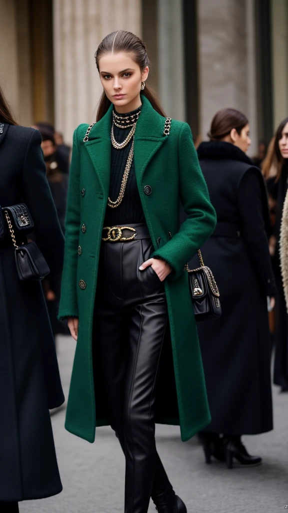 Caucasian female, long hair up to the brunette waist, Wearing the winter collection inspired by Chanel and Prada, Milan Fashion Week, mfw, nyfw, green clothes,vogue style, whole body, glad, creative archetype, looking at camera