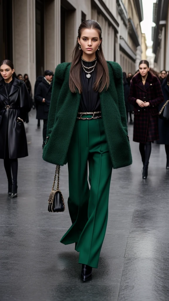 Caucasian female, long hair up to the brunette waist, Wearing the winter collection inspired by Chanel and Prada, Milan Fashion Week, mfw, nyfw, green clothes,vogue style, whole body, glad, creative archetype, looking at camera