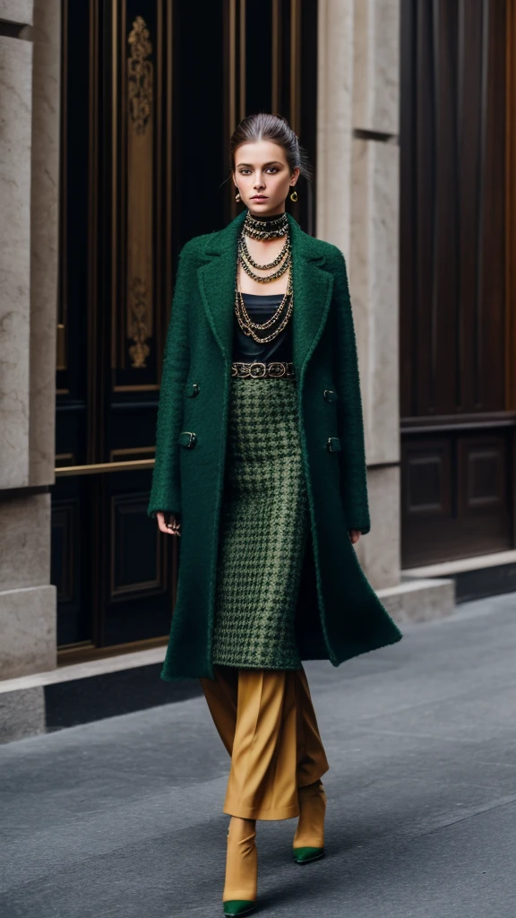 Caucasian female, long hair up to the brunette waist, Wearing the winter collection inspired by Chanel and Prada, Milan Fashion Week, mfw, nyfw, green clothes,vogue style, whole body, glad, creative archetype, looking at camera