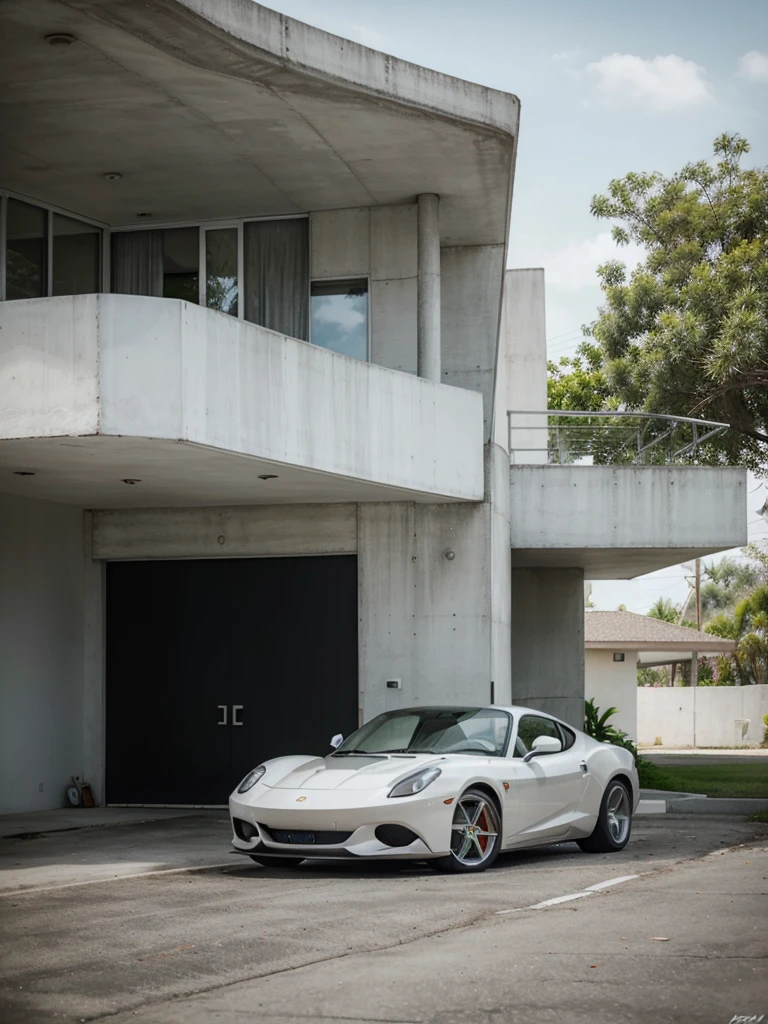 Design a mid-century modern tropical concrete bungalow architecture with sleek lines, minimalist and innovative materials. Create a realistic contemporary atmosphere for a sophisticated and urban space. A white Ferrari in the garage. High resolution and ultra HD realism