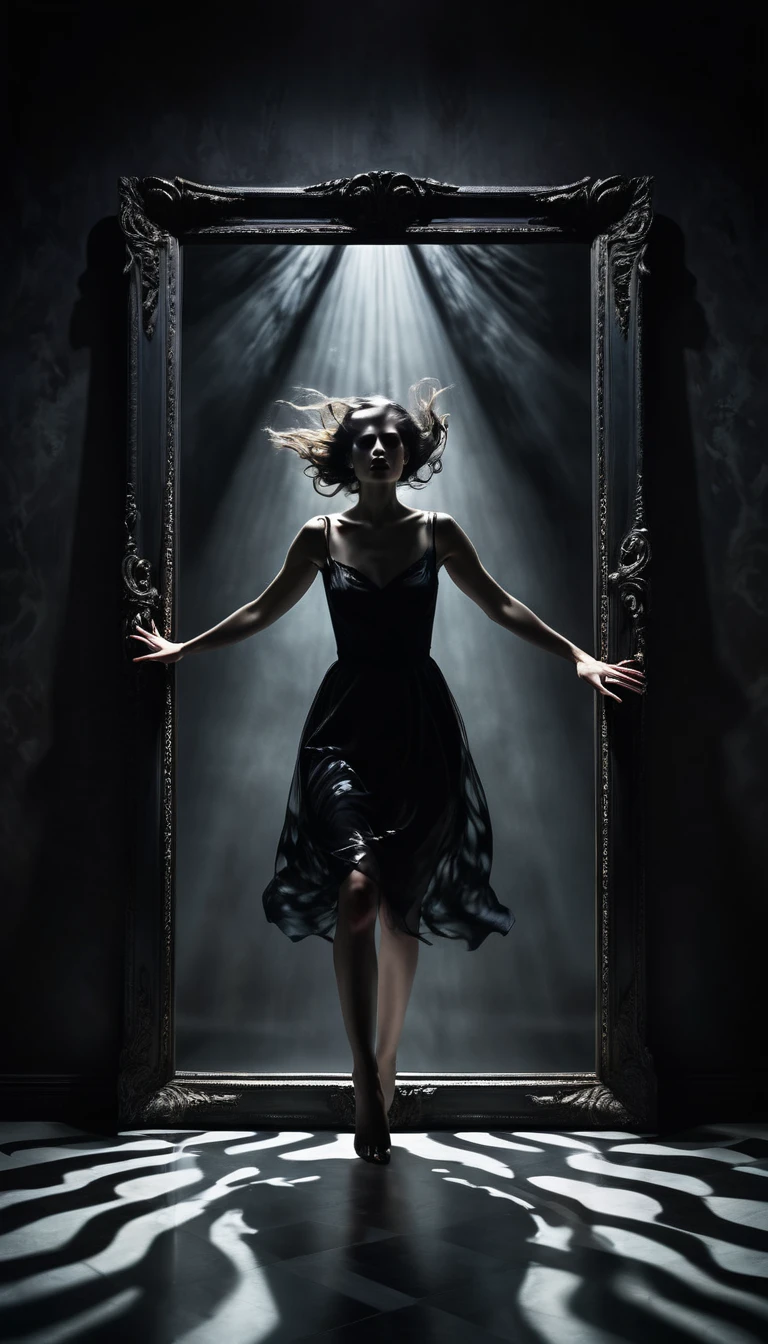 A surreal scene of a woman being pulled into a mirror by shadowy hands, her body half in the real world and half in a dark, swirling void. Her expression is one of terror as she tries to resist.