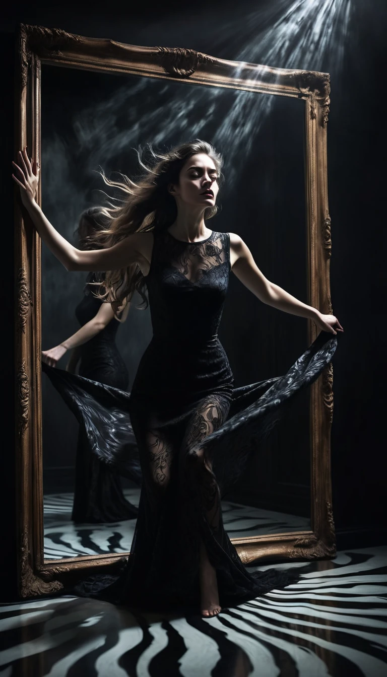A surreal scene of a woman being pulled into a mirror by shadowy hands, her body half in the real world and half in a dark, swirling void. Her expression is one of terror as she tries to resist.