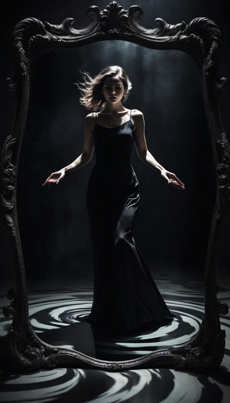 A surreal scene of a woman being pulled into a mirror by shadowy hands, her body half in the real world and half in a dark, swirling void. Her expression is one of terror as she tries to resist.
