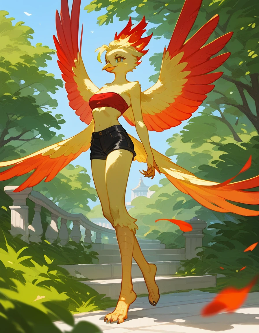 score_9, score_8_up, score_7_up, an Anthro phoenix girl, avian female, red and yellow body, spikey yellow hair, wearing elegant Haori, red bandeau, black short shorts, barefoot, standing, closed wings, yellow eyes, outdoors, at a park, seductive