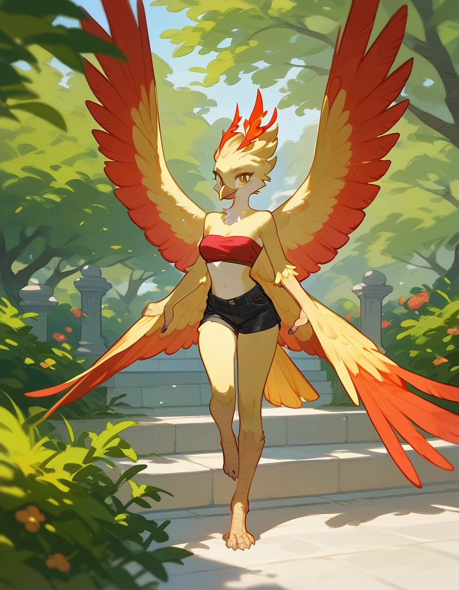 score_9, score_8_up, score_7_up, an Anthro phoenix girl, avian female, red and yellow body, spikey yellow hair, wearing elegant Haori, red bandeau, black short shorts, barefoot, standing, closed wings, yellow eyes, outdoors, at a park, seductive