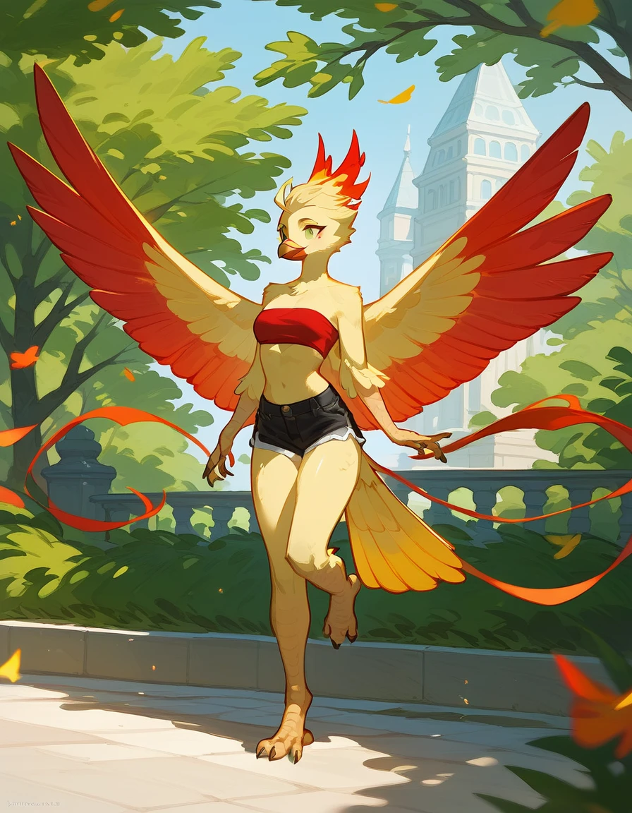 score_9, score_8_up, score_7_up, an Anthro phoenix girl, avian female, red and yellow body, spikey yellow hair, wearing elegant Haori, red bandeau, black short shorts, barefoot, standing, closed wings, yellow eyes, outdoors, at a park, seductive
