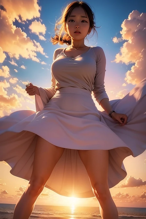 work of art, best qualityer, movie film still, 1 girl, cloud girl, floating in the sky, close up, Ablaze, glad, soft, warm lighting, SUNSET, (sparks:0.7)