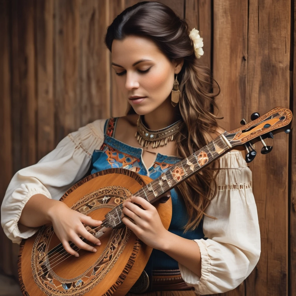 A beautiful Western woman plays an instrument made of wood inlay,