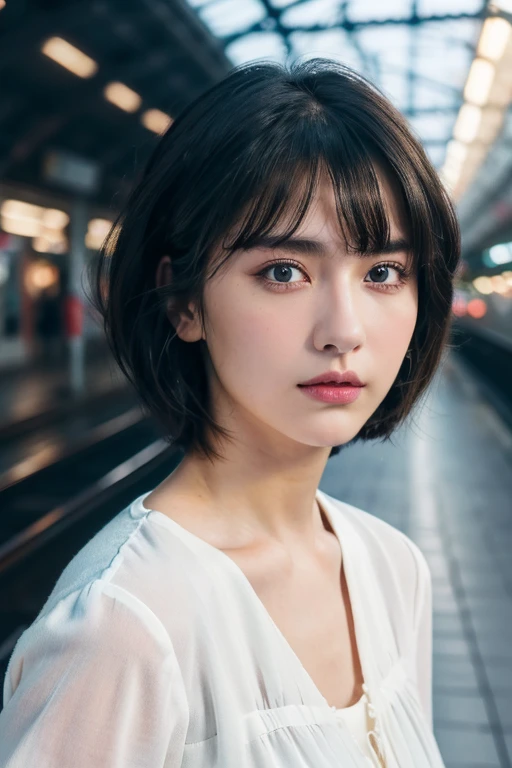 (award winning, 8k, super detailed, high resolution, best quality, photography), 1girl, solo, beautiful girl, beautiful eyes, detailed eyes, (black eye), white blouse and jeans, short hair, black hair, train station background, POV, ((upper body portrait))