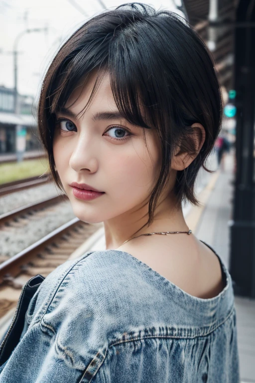 (award winning, 8k, super detailed, high resolution, best quality, photography), 1girl, solo, beautiful girl, beautiful eyes, detailed eyes, (black eye), white blouse and jeans, short hair, black hair, train station background, POV, ((upper body portrait))