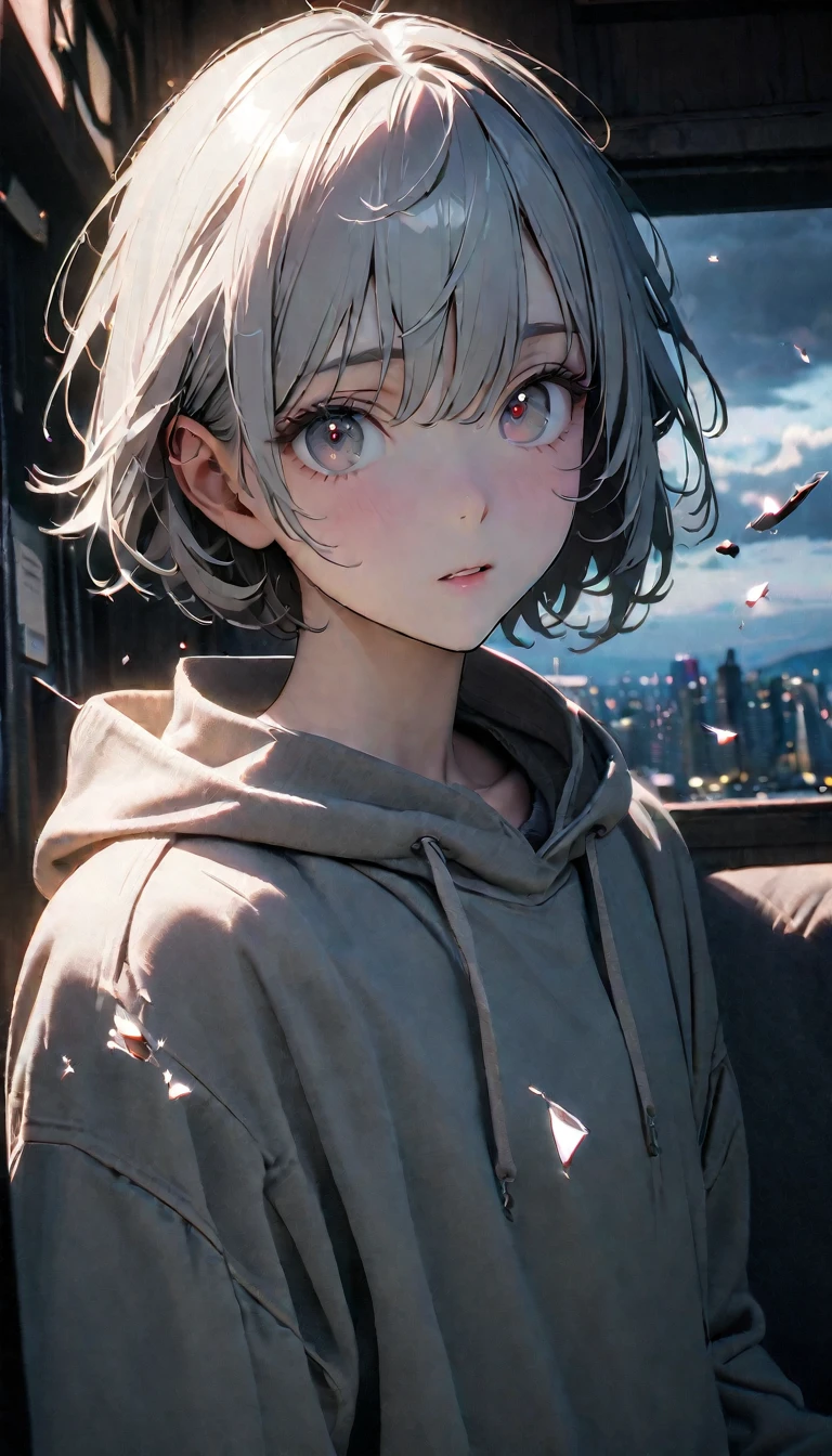 (8K, RAW photos, best quality, masterpiece: 1.4), (((The boy was broken all around))),Ultra-high resolution, Extremely detailed, light, Panorama close-up, handsome boy, black eyes, (delicate eyes, Eyes are bright:1.2), Gray short hair, Fair skin,dark, Grey sweatshirt, sweatshirt with hood,(perfect anatomy:1.2), High-quality shadows, Natural Lighting, (White highlights:1.2), night, cloudy day, (at home:1.2), (Broken glass flying in the air:1.2)