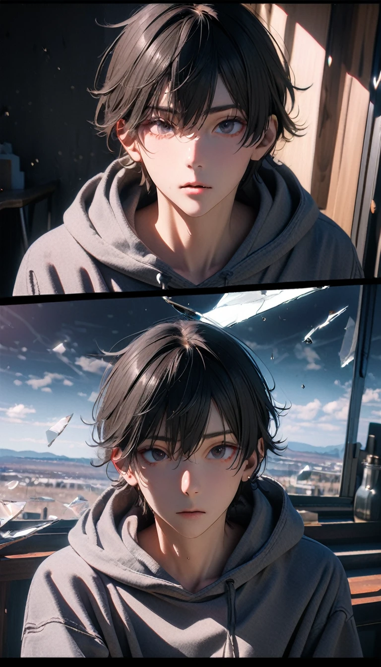 (8K, RAW photos, best quality, masterpiece: 1.4), (((The boy was broken all around))),Ultra-high resolution, Extremely detailed, light, Panorama close-up, handsome boy, black eyes, (delicate eyes, Eyes are bright:1.2), Gray short hair, Fair skin,dark, Grey sweatshirt, sweatshirt with hood,(perfect anatomy:1.2), High-quality shadows, Natural Lighting, (White highlights:1.2), night, cloudy day, (at home:1.2), (Broken glass flying in the air:1.2)
