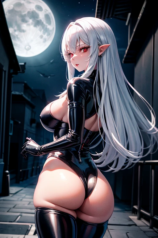 A girl, White skin, long silver hair, red eyes, wearing a tight black latex suit, big breasts, alley, evening, Moonlight, absurd, high resolution, ultra-sharp, 8k, Masterpiece, view from behind, perfect ass, looking at the viewer