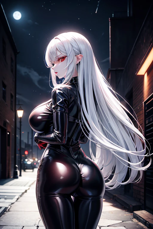 A girl, White skin, long silver hair, red eyes, wearing a tight black latex suit, big breasts, alley, evening, Moonlight, absurd, high resolution, ultra-sharp, 8k, Masterpiece, view from behind, perfect ass, looking at the viewer