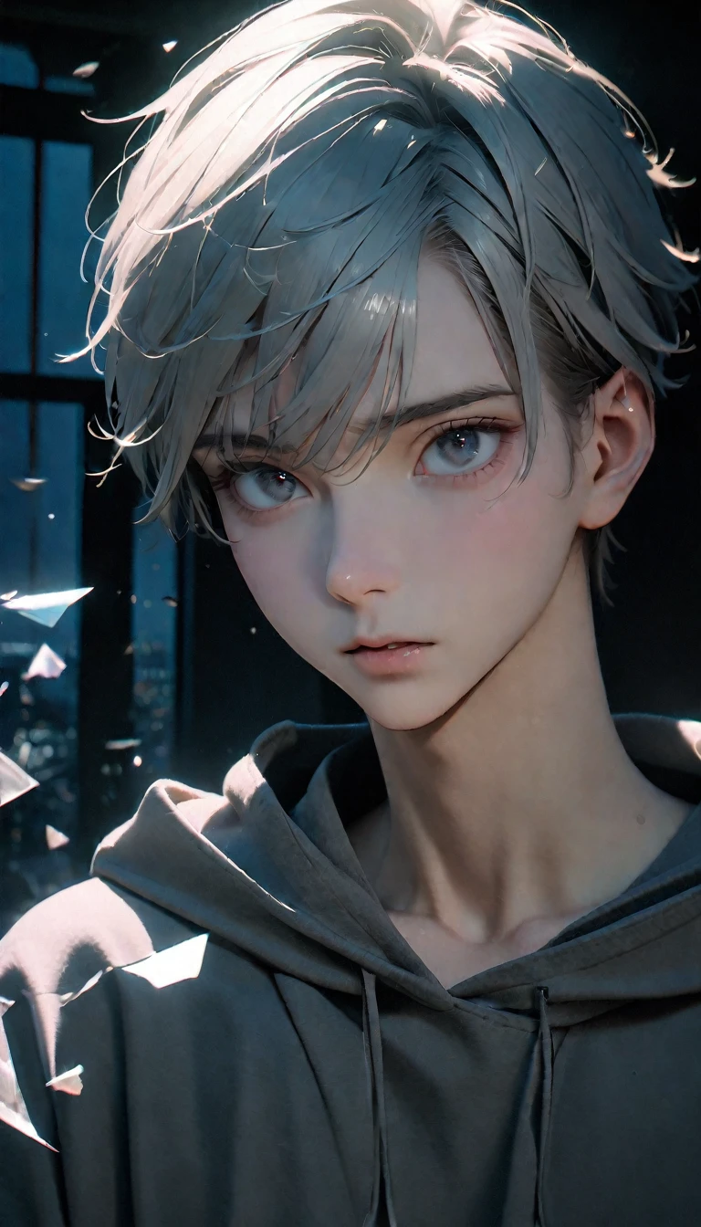 (8K, RAW photos, best quality, masterpiece: 1.4), (((The boy was broken all around)))，Ultra-high resolution, Extremely detailed, light, Panorama close-up, handsome boy, black eyes, (delicate eyes, Eyes are bright:1.2), Gray short hair, Fair skin,dark, Grey sweatshirt, sweatshirt with hood,(perfect anatomy:1.2), High-quality shadows, Natural Lighting, (White highlights:1.2), night, cloudy day, (at home:1.2), (Broken glass flying in the air:1.2)