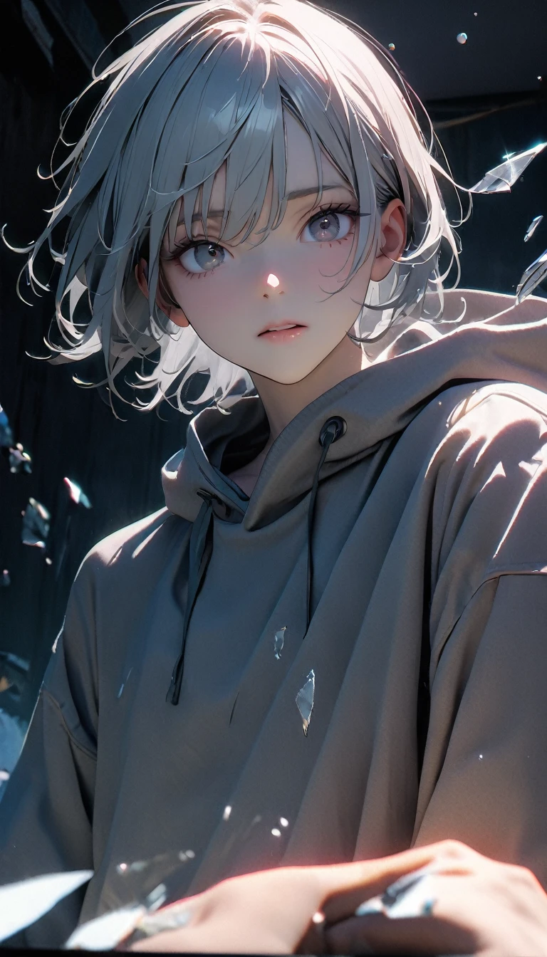 (8K, RAW photos, best quality, masterpiece: 1.4), (((The boy was broken all around)))，Ultra-high resolution, Extremely detailed, light, Panorama close-up, handsome boy, black eyes, (delicate eyes, Eyes are bright:1.2), Gray short hair, Fair skin,dark, Grey sweatshirt, sweatshirt with hood,(perfect ???????:1.2), High-quality shadows, Natural Lighting, (White highlights:1.2), night, cloudy day, (at home:1.2), (Broken glass flying in the air:1.2)