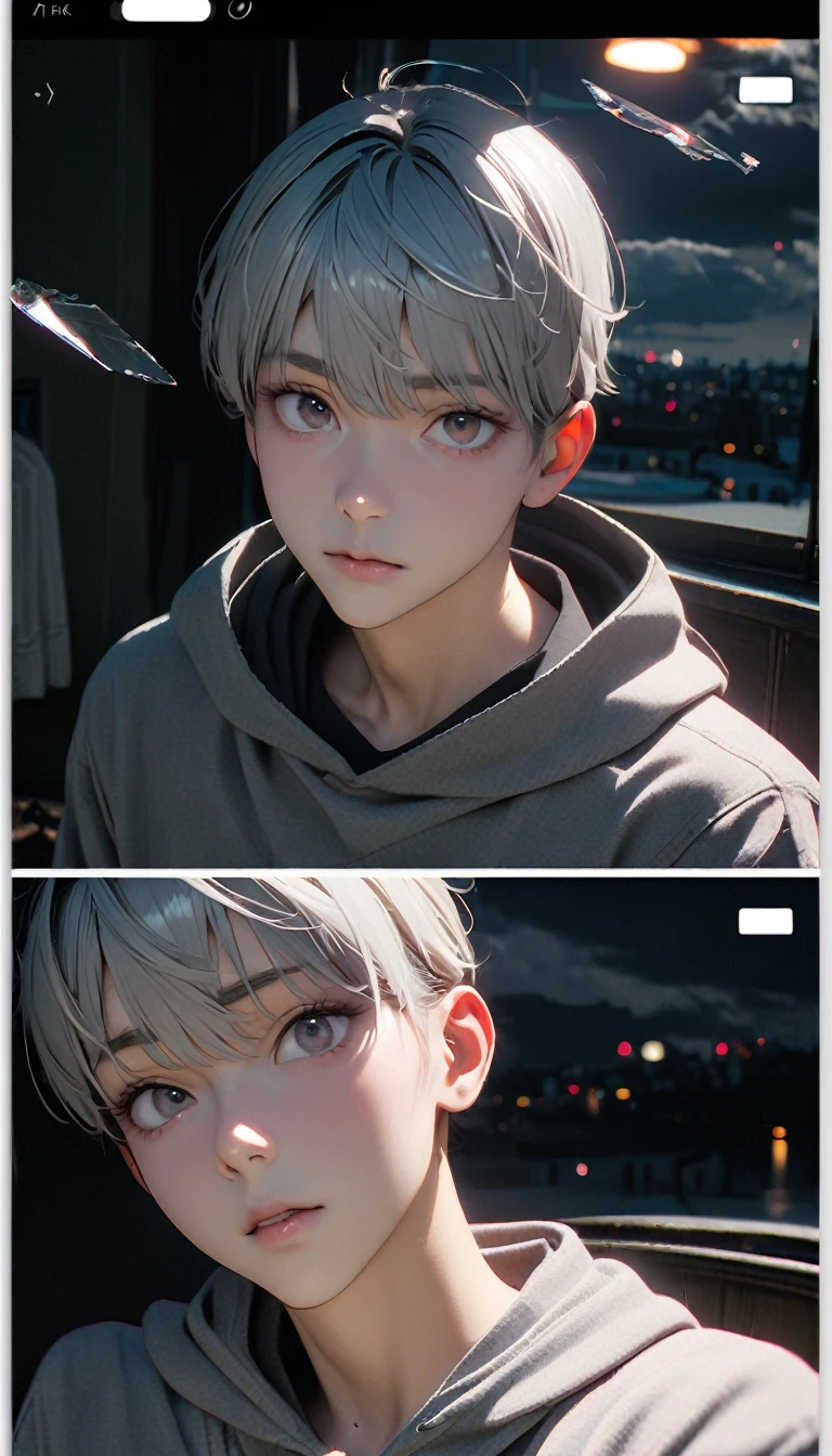 (8K, RAW photos, best quality, masterpiece: 1.4), (((The boy was broken all around))),Ultra-high resolution, Extremely detailed, light, Panorama close-up, handsome boy, black eyes, (delicate eyes, Eyes are bright:1.2), Gray short hair, Fair skin,dark, Grey sweatshirt, sweatshirt with hood,(perfect anatomy:1.2), High-quality shadows, Natural Lighting, (White highlights:1.2), night, cloudy day, (at home:1.2), (Broken glass flying in the air:1.2)