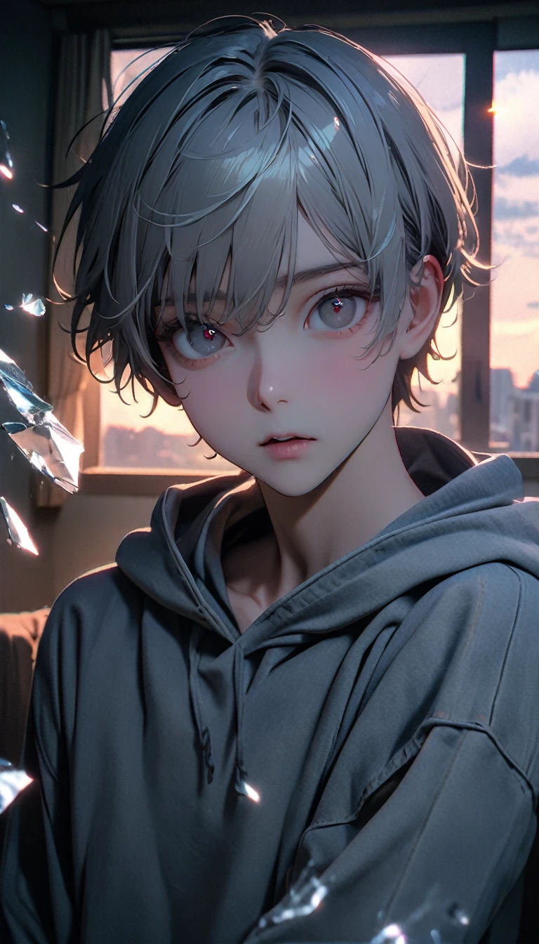 (8K, RAW photos, best quality, masterpiece: 1.4), (((The boy was broken all around))),Ultra-high resolution, Extremely detailed, light, Panorama close-up, handsome boy, black eyes, (delicate eyes, Eyes are bright:1.2), Gray short hair, Fair skin,dark, Grey sweatshirt, sweatshirt with hood,(perfect anatomy:1.2), High-quality shadows, Natural Lighting, (White highlights:1.2), night, cloudy day, (at home:1.2), (Broken glass flying in the air:1.2)