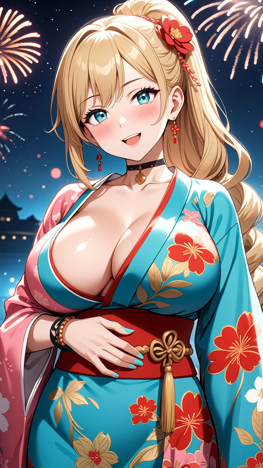 ((One personの女性)), Beautiful Face,(Laughing embarrassedly), (naughty face:1.2), ((Wink:1.9)), (head tilt:1.3), Laughing with your mouth open, upper teeth, ((full-face blush:1.5)), looking at viewer, Glossy Red Lips, (Shining Face), ((Anime style background)) , night, Observatory, Festival decorations, firework, ,masterpiece, Highest quality, so beautiful,up to date, Complex details, (Pink long nails),(ring),(bracelet),(choker),AI-generated, Complex,High resolution, Highest quality, super high quality,3D Images、3D Images,One person,Long blonde hair,ponytail, wavy hair ,写真のポーズをとるAnime Women, ((Fine grain、Turquoise Eyes、Shining Eyes:1.3)), (Squint your eyes:1.1),a hyperRealistic , hyperRealistic , Realistic,Anime Women, Smooth anime CG art, A woman in a colorful kimono with gold embroidery, (Pink long sleeve kimono),Red floral pattern,Long flower hair ornament,Earrings,Mature Body,(Big Breasts:1.1),Tall,Abdominal muscles,Tight waist,(face focus:1.4), ((front view)),