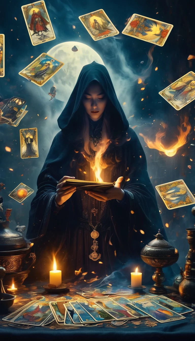 (((Tarot cards scattered in the air)))，Divination，Wizard in black cloak，It sits on the table，Glowing crystal ball，Smoke all around。
Smoky，Makes the whole picture more hazy and mysterious。
Dark Tones，Highlight the mysterious and weird atmosphere。The flame and candlelight become the focus of the picture，与其他Dark Tones形成对比。This contrast makes the picture more layered..，at the same time, Visual effects have also been enhanced。
Mysterious and weird feeling。