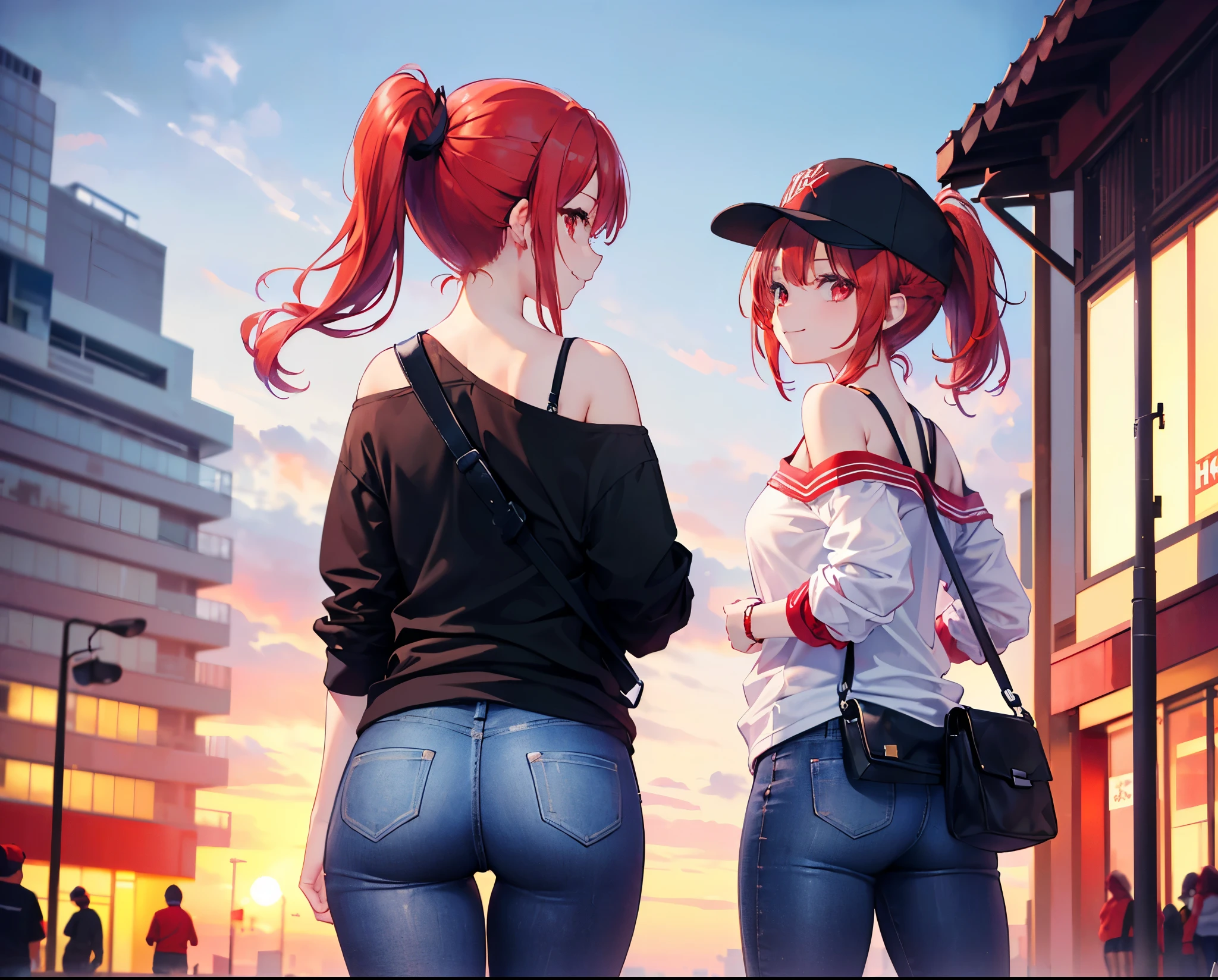 (Close-up:1.3),Realistic,Highest quality, Ultra Detail, High-quality CG rendering, The most delicate and beautiful, Floating softly, High resolution, (1 girl), (Highest quality,4K,8K,masterpiece:1.2),(All red hair:1.5), (ponytail:1.5),(Red eyes:1.5 (White oversized long sleeve T-shirt:1.3),(Black skinny jeans:1.3),(Black baseball cap:1.3),In the city,old buildings,(Turn your back to your audience:1.3),Butt,Are standing,(Small shoulder bag:1.3),smile