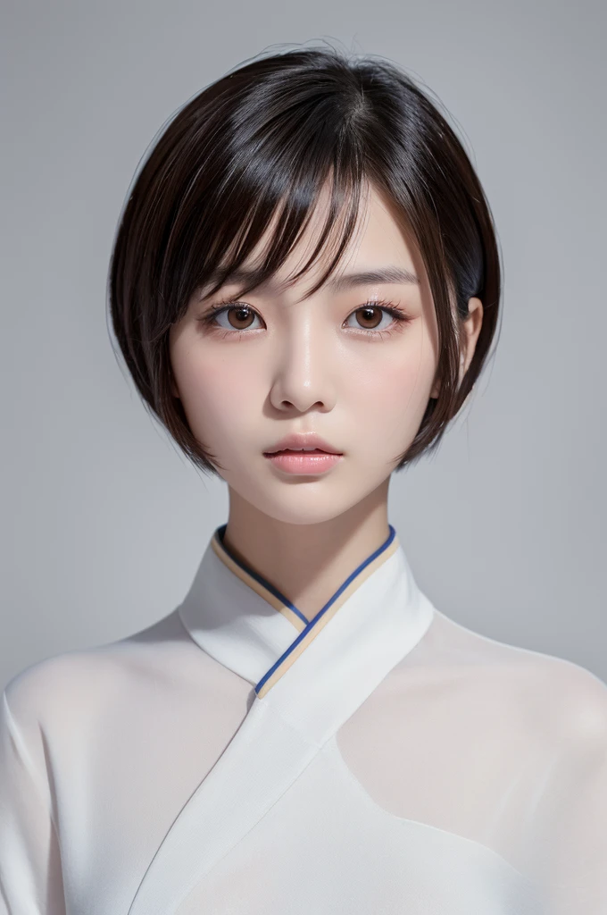 Visual blockbuster on the theme of hairstyle, Chinese girl with short hair, fashionable clothing with light hair, Chinese girl looking frontally at the camera, without makeup highlighting the texture and pores of facial skin, full color picture, close up - white solid background　masturbation