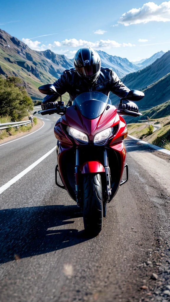 a senior man riding a motorcycle, speeding through a rugged mountain road, jumping over a supercar