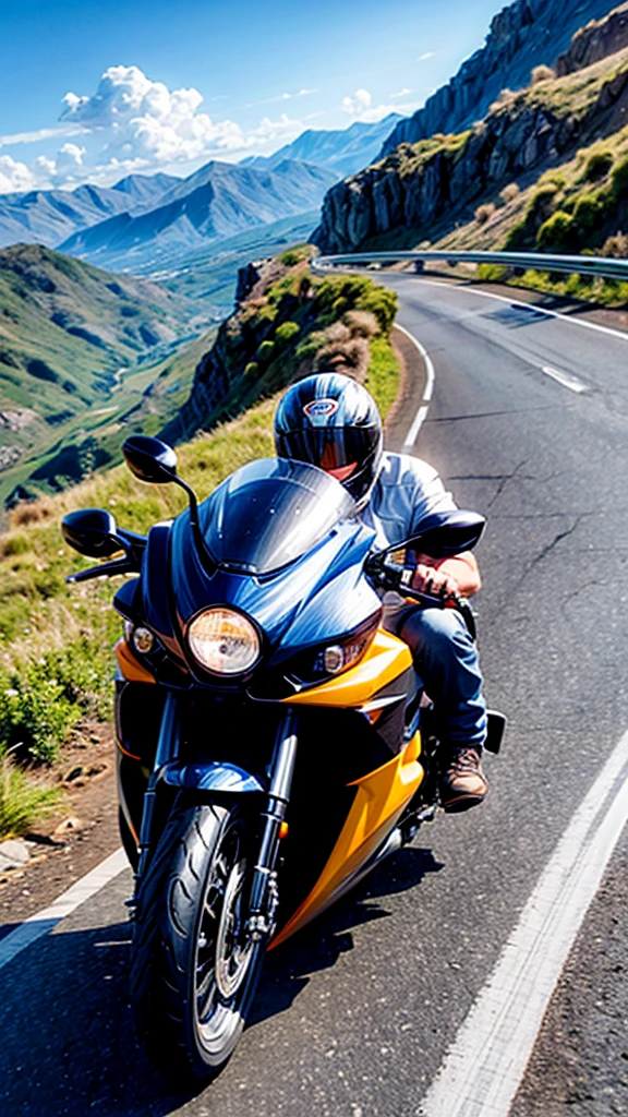 a senior man riding a motorcycle, speeding through a rugged mountain road, jumping over a supercar