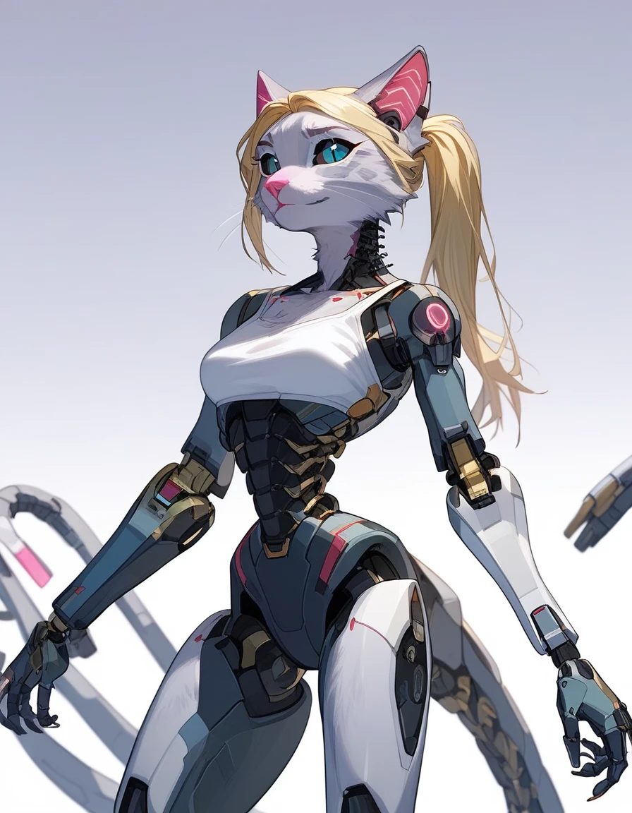 , score_9,score_8_up,score_7_up, (The ultra-detailed)、8K、(Very noble and beautiful))、Cinematic Light、((1 Mechanical anthropomorphic feline girl, Kat, blonde hair in a ponytail, pink nose, :3, silver fur, )) black ceramic body、luminescent android blue eyes, black sclera 、(Mechanical joint:1.4)、((Mechanical limb)), (Mechanical spine attached to the back))、((Mechanical cervical vertebrae attached to neck)), neon details、Science fiction, The background is Cyberpunk City、standing