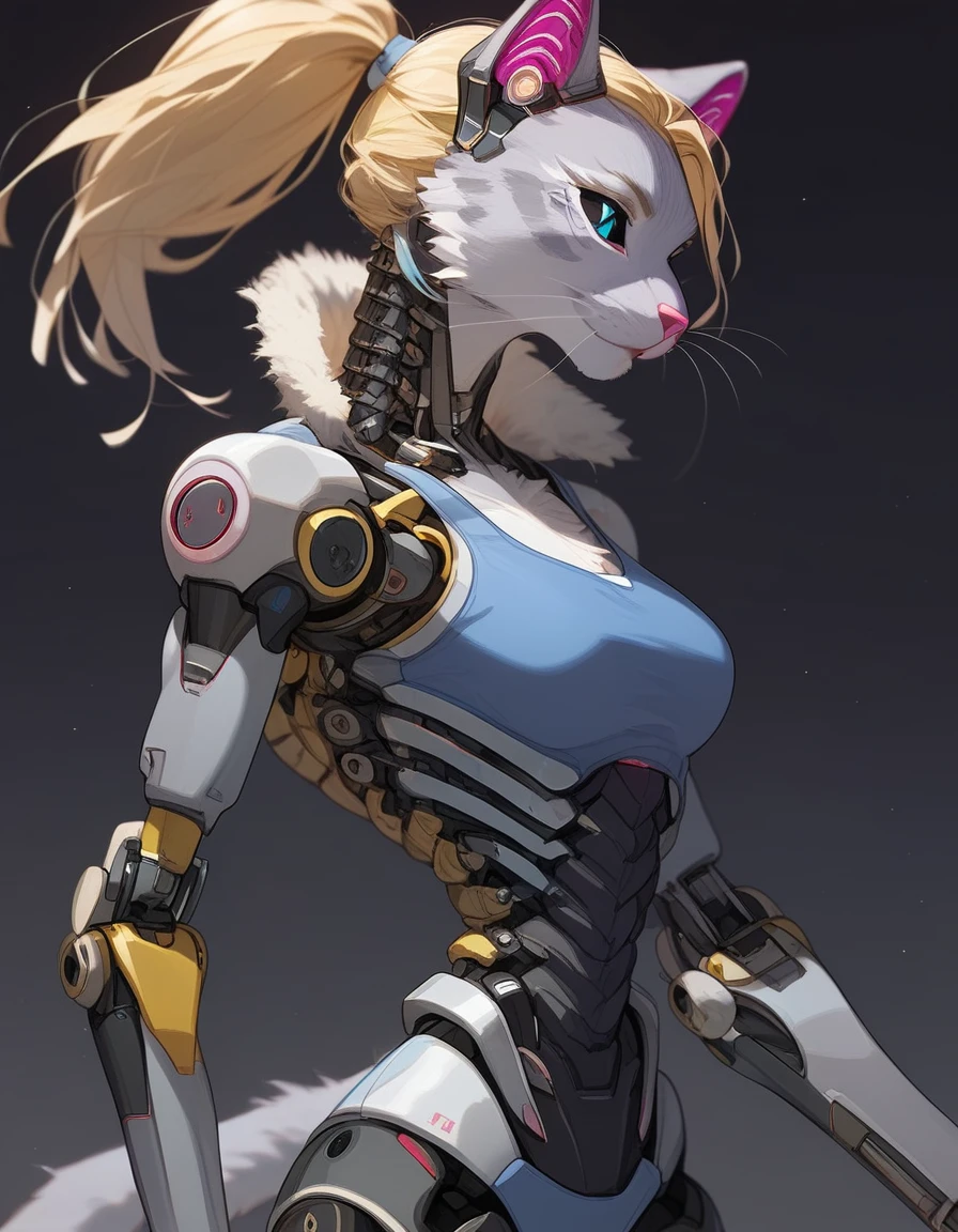 , score_9,score_8_up,score_7_up, (The ultra-detailed)、8K、(Very noble and beautiful))、Cinematic Light、((1 Mechanical anthropomorphic feline girl, Kat, blonde hair in a ponytail, pink nose, :3, silver fur, )) black ceramic body、luminescent android blue eyes, black sclera 、(Mechanical joint:1.4)、((Mechanical limb)), (Mechanical spine attached to the back))、((Mechanical cervical vertebrae attached to neck)), neon details、Science fiction, The background is Cyberpunk City、standing