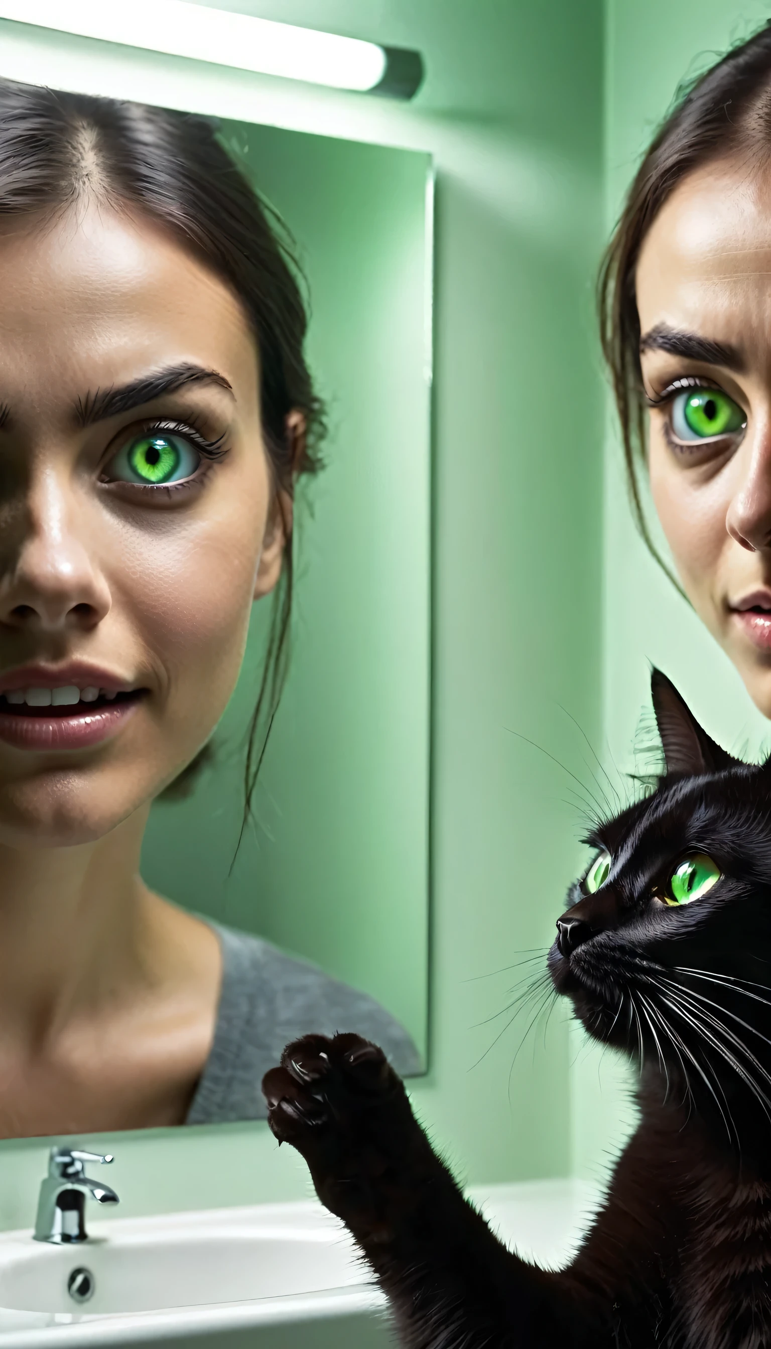 Split-screen image: on the left side, a normal bathroom with a young woman looking into a mirror, her expression worried. On the right side, the same bathroom but darker and distorted, showing the woman's reflection in the mirror with glowing green eyes and a malevolent smile. The reflection's hand is reaching out of the mirror towards the real woman. In the background of both sides, barely visible, is the silhouette of a black cat. The overall tone is creepy and suspenseful, with sharp contrasts between light and shadow.