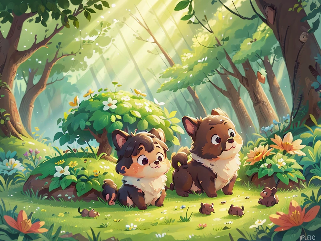 A very cute big-eared dog，Surrounded by beautiful little flowers and nature,This illustration is a 4K high-definition illustration，The facial features are rich in detail，Cartoon Style，Cartoon Animals 1.5，Puppies playing in the forest