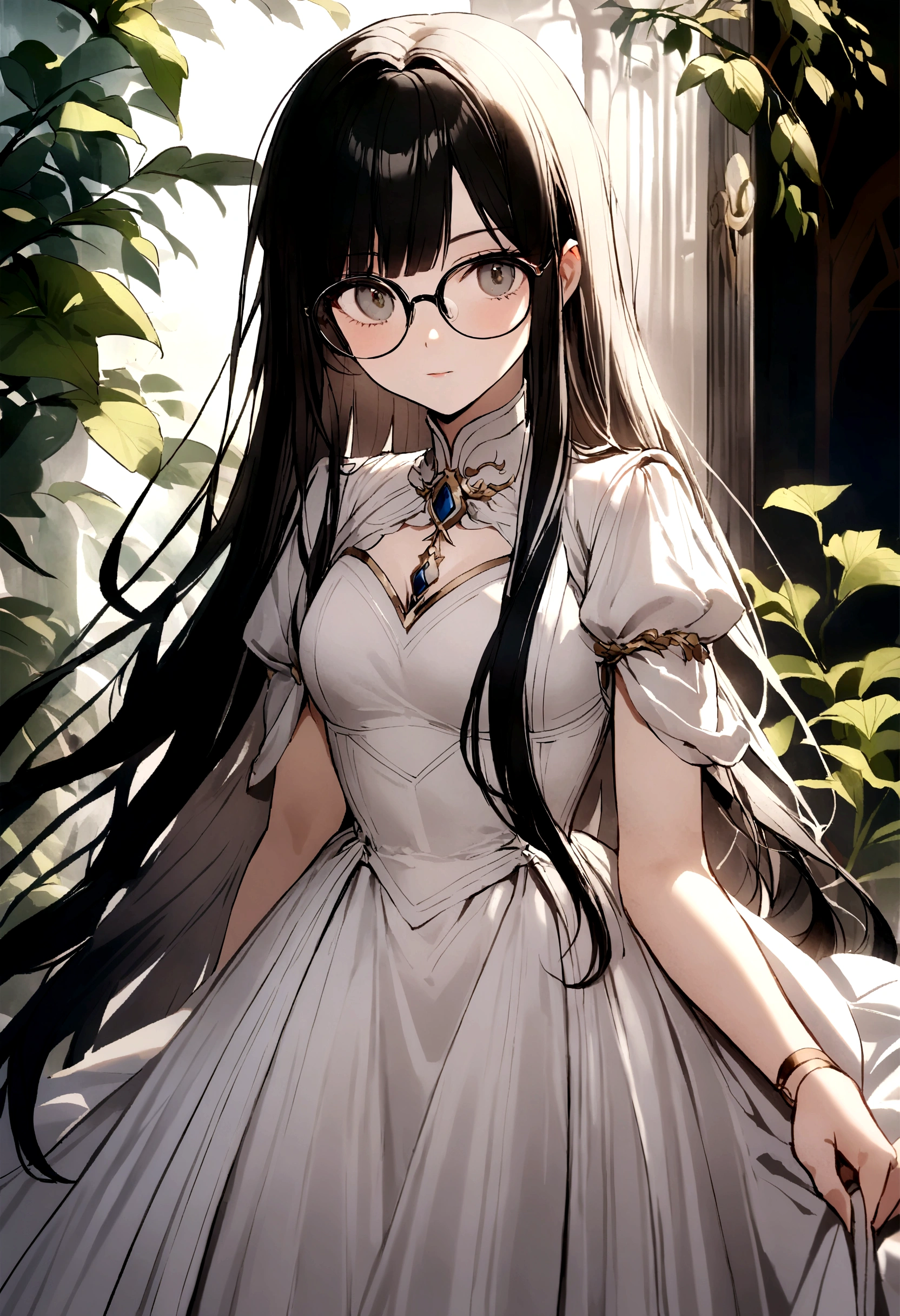 Black long hair,Straight Hair,Glasses,The quiet older sister,garden,White Dress