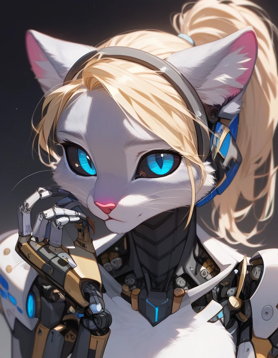 , score_9,score_8_up,score_7_up, (The ultra-detailed)、8K、(Very noble and beautiful))、Cinematic Light、((1 Mechanical anthropomorphic feline girl, Kat, blonde hair in a ponytail, pink nose, :3, silver fur, )) black ceramic body、luminescent android blue eyes, black sclera 、(Mechanical joint:1.4)、