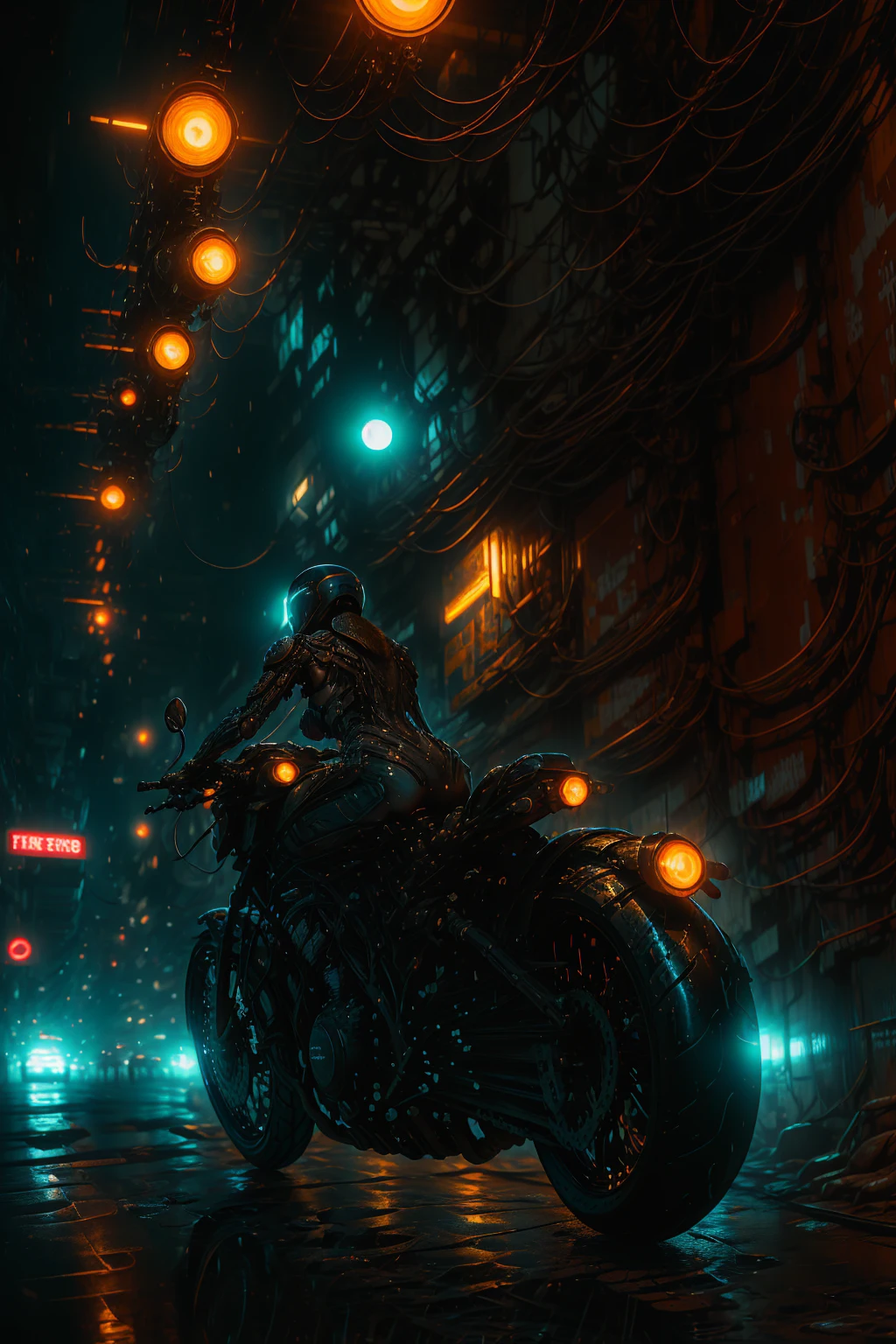 detailed cyberpunk motorcycle, futuristic motorcycle, riding on the road, motorcycle from behind, 1 person on motorcycle, intricate details, high resolution, 8k, Photorealistic, hyper detailed, cinematic lighting, Dynamic motion blur, gritty urban environment, neon lights, shiny cyber elements, chrome details, worn texture, wick inspired design, complex machinery, industrial urban landscape, Changing Color Palette, (Best Quality,4k,8k,high resolution,Masterpiece:1.2),ultra detailed,sharp focus,(realist,photorealist,fotorrealista:1.37), Extremely fine,intricate details,intense lighting,dramatic lighting,lighting change,cinematic lighting,chiaroscuro lighting,dramatic shadows,dramatic moments,vivid colors,intense colours,deep contrast,cinematic depth of field,cinematographic composition,cinematic camera angle