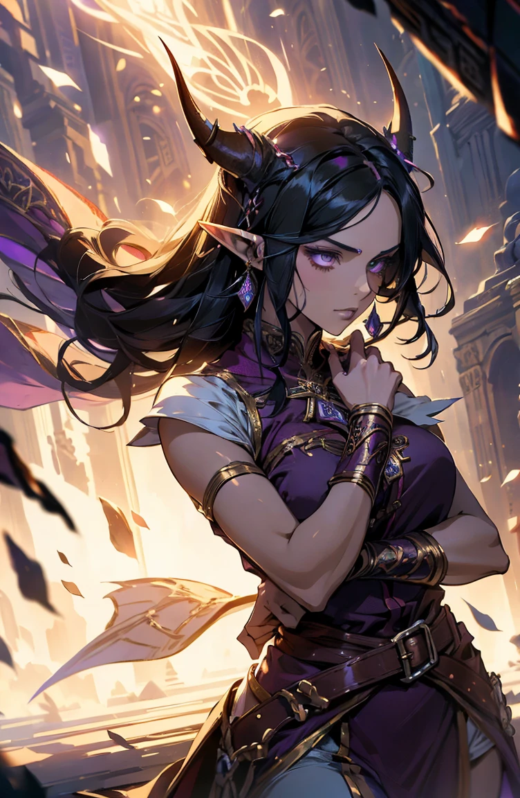 older woman, sexy, tall, brown skin, one wing, black hair, elf, elf ears, horns, sleeveless, purple, dramatic compositions, Cinematic lighting, Ray tracing, dramatic shadows