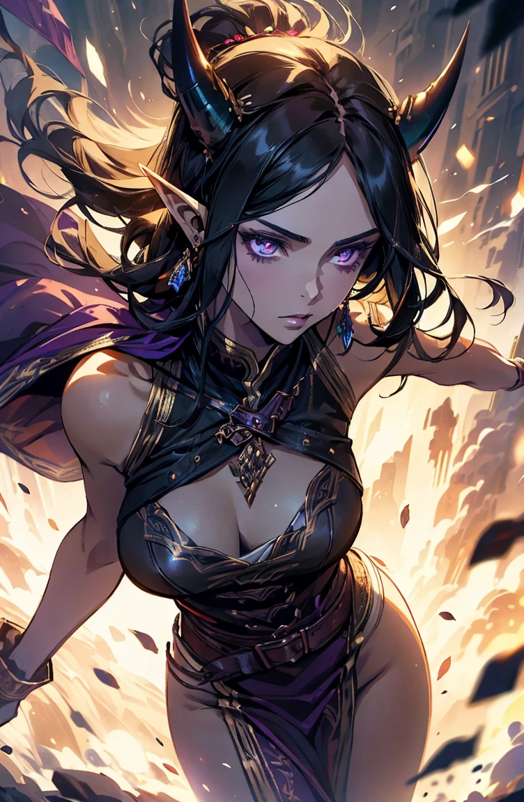 older woman, sexy, tall, brown skin, one wing, black hair, elf, elf ears, horns, sleeveless, purple, dramatic compositions, Cinematic lighting, Ray tracing, dramatic shadows
